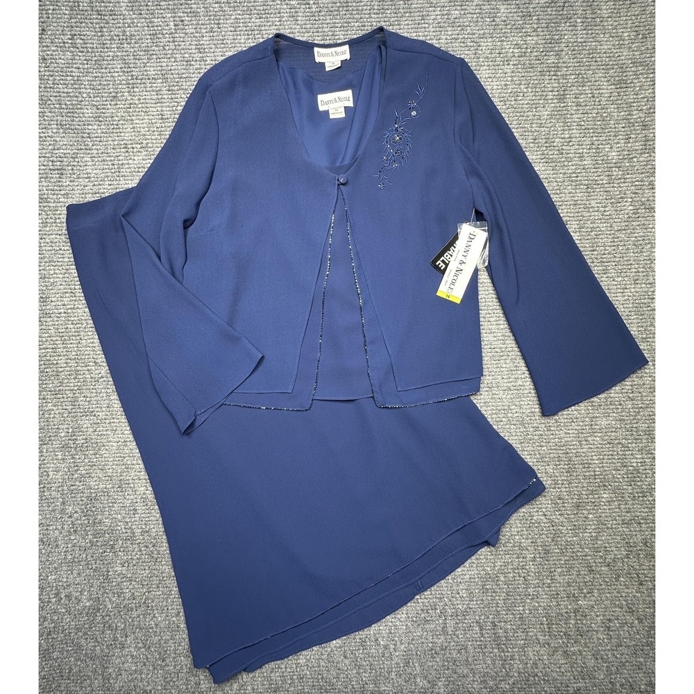 Danny & Nicole Jacket Skirt Tank Set Womens 14 Blue Beaded Formal 3 Piece New